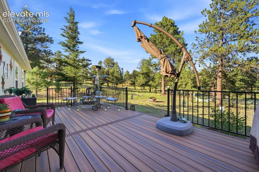 Expansive wood-finish deck with black metal railings, bordered by mature evergreen trees and a grassy expanse