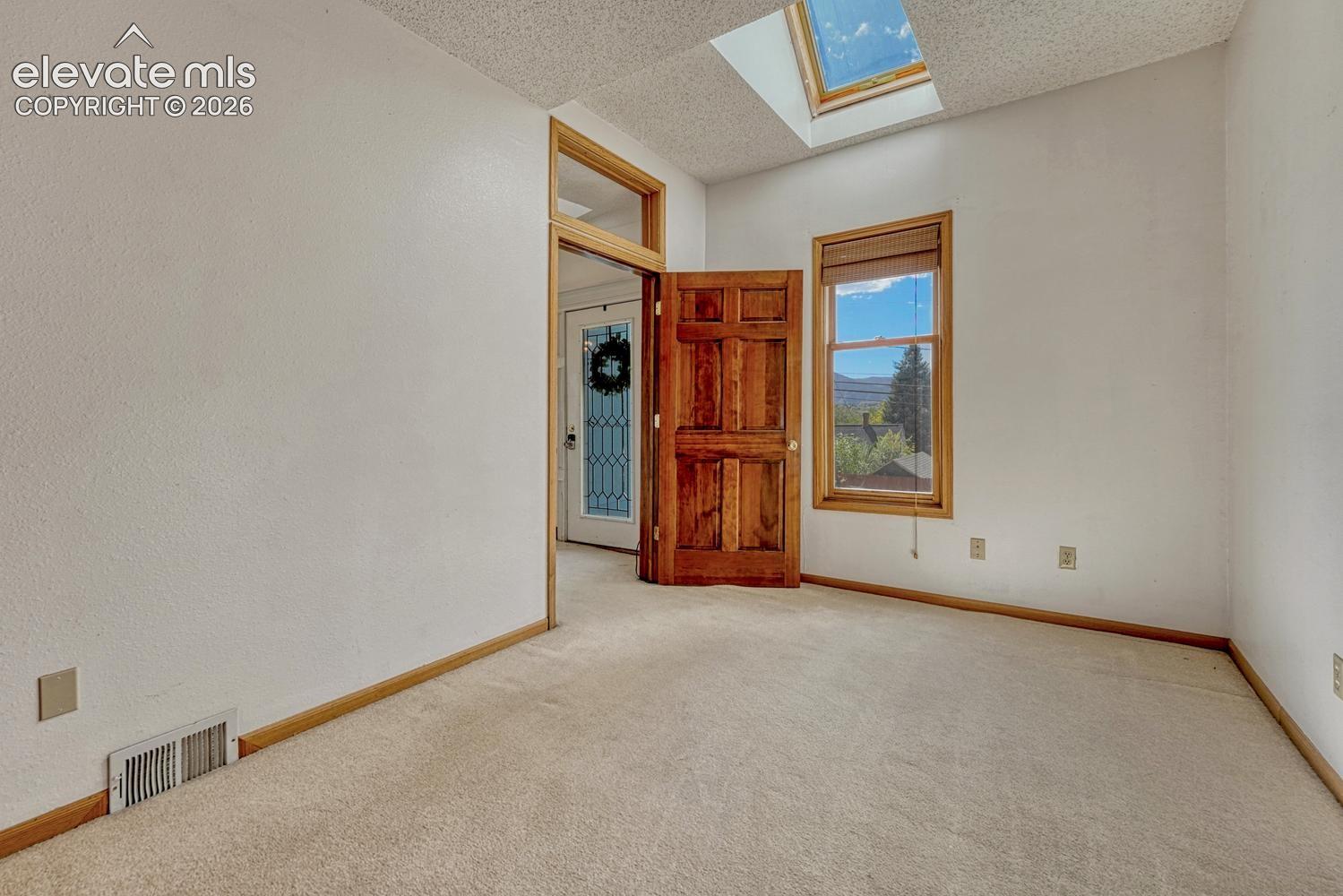 Skylight, wood-frame window, and a paneled wood door