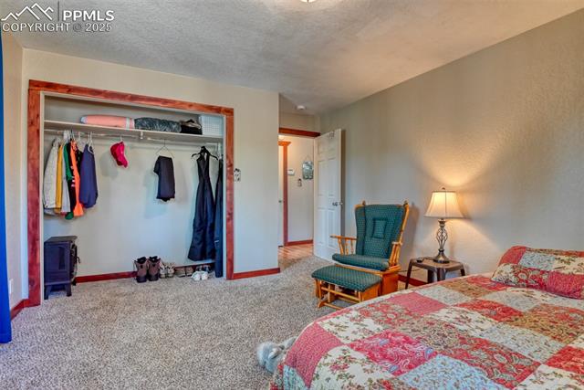 Carpeted bedroom featuring a closet and a textured ceiling