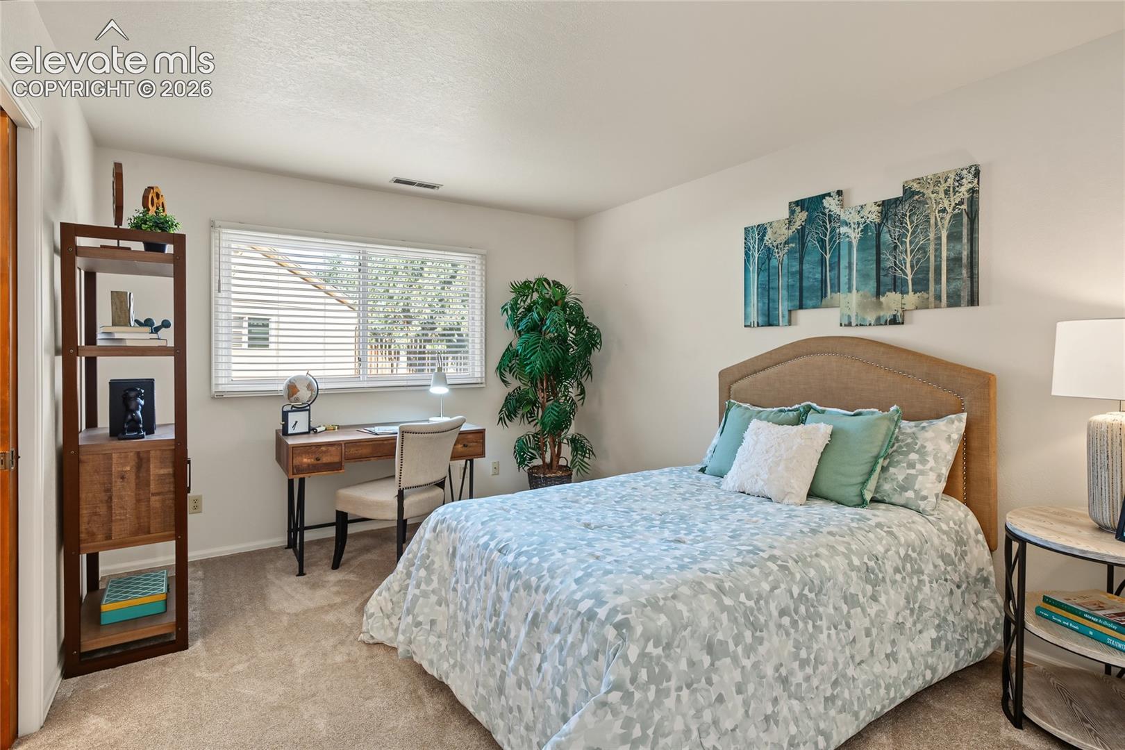 Carpeted flooring throughout with a single window featuring horizontal blinds