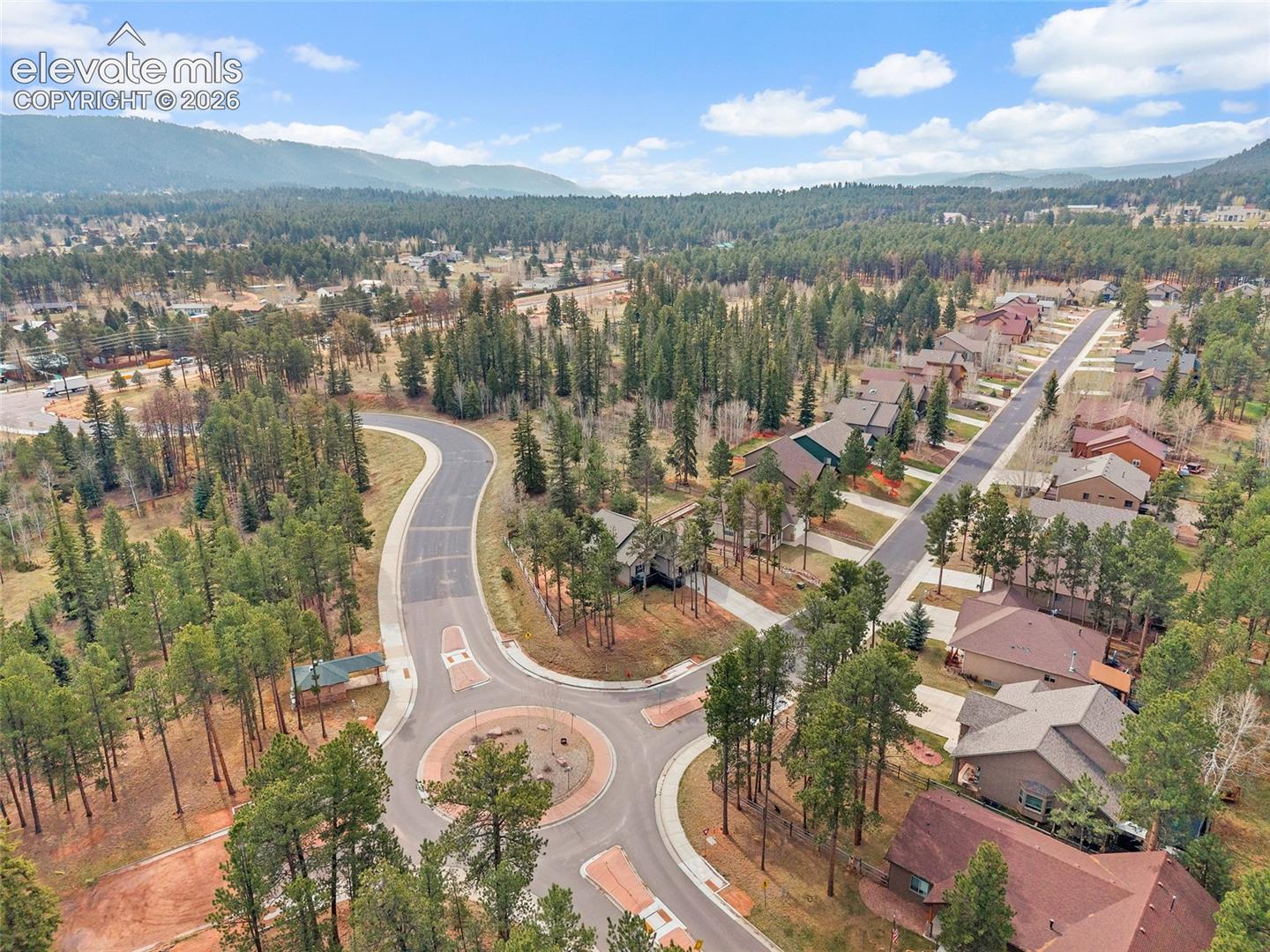 Aerial view with Pikes Peak region mountain views