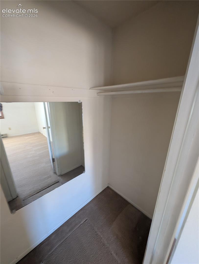 Built-in closet shelving and hanging rod with carpet flooring