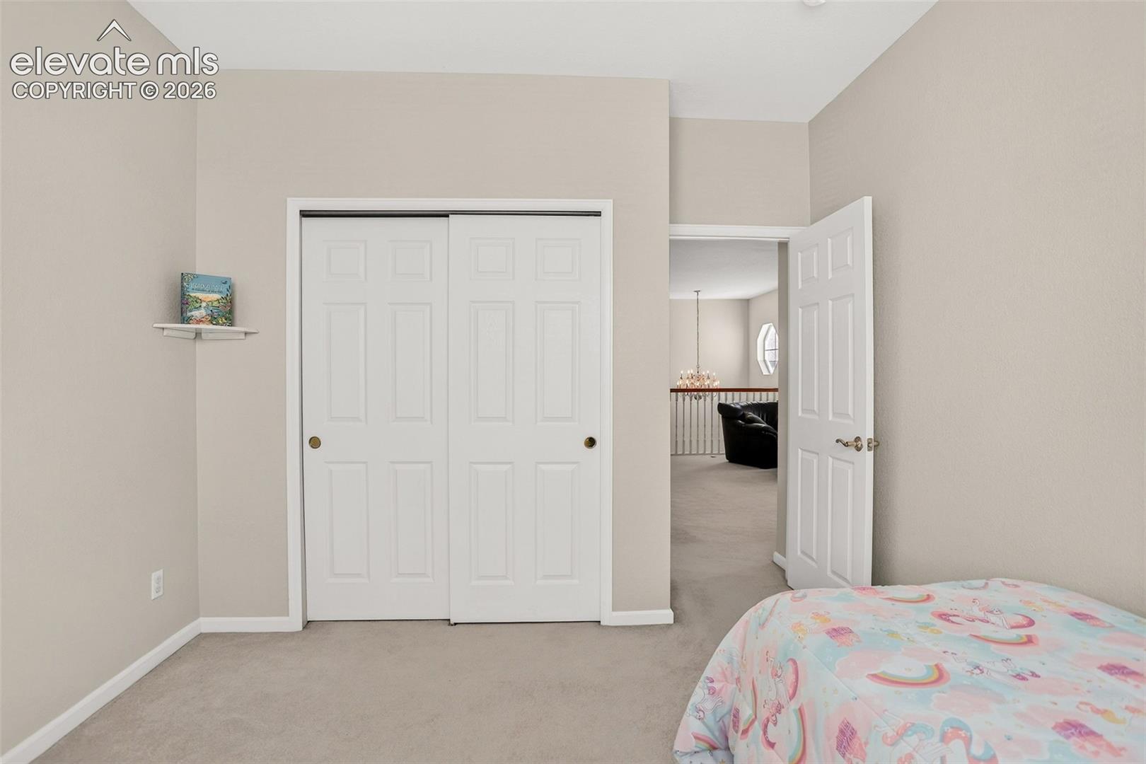 Neutral wall color, carpet flooring, sliding closet doors, and a paneled interior door