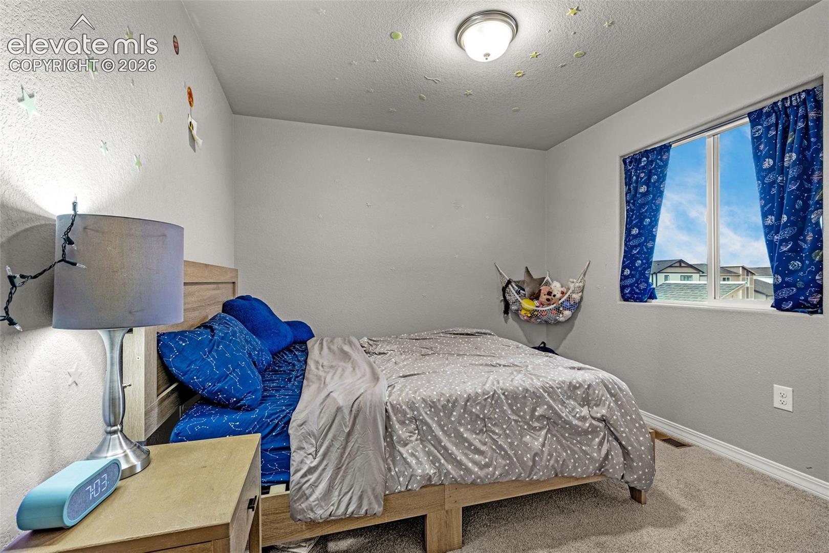 Carpeted room featuring a double-pane window with blue curtains, a wooden bed frame, textured walls, and a flush-mount ceiling light fixture