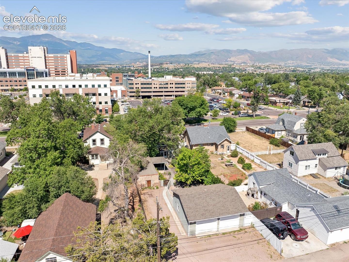 Aerial perspective showcasing a residential area with varied housing styles