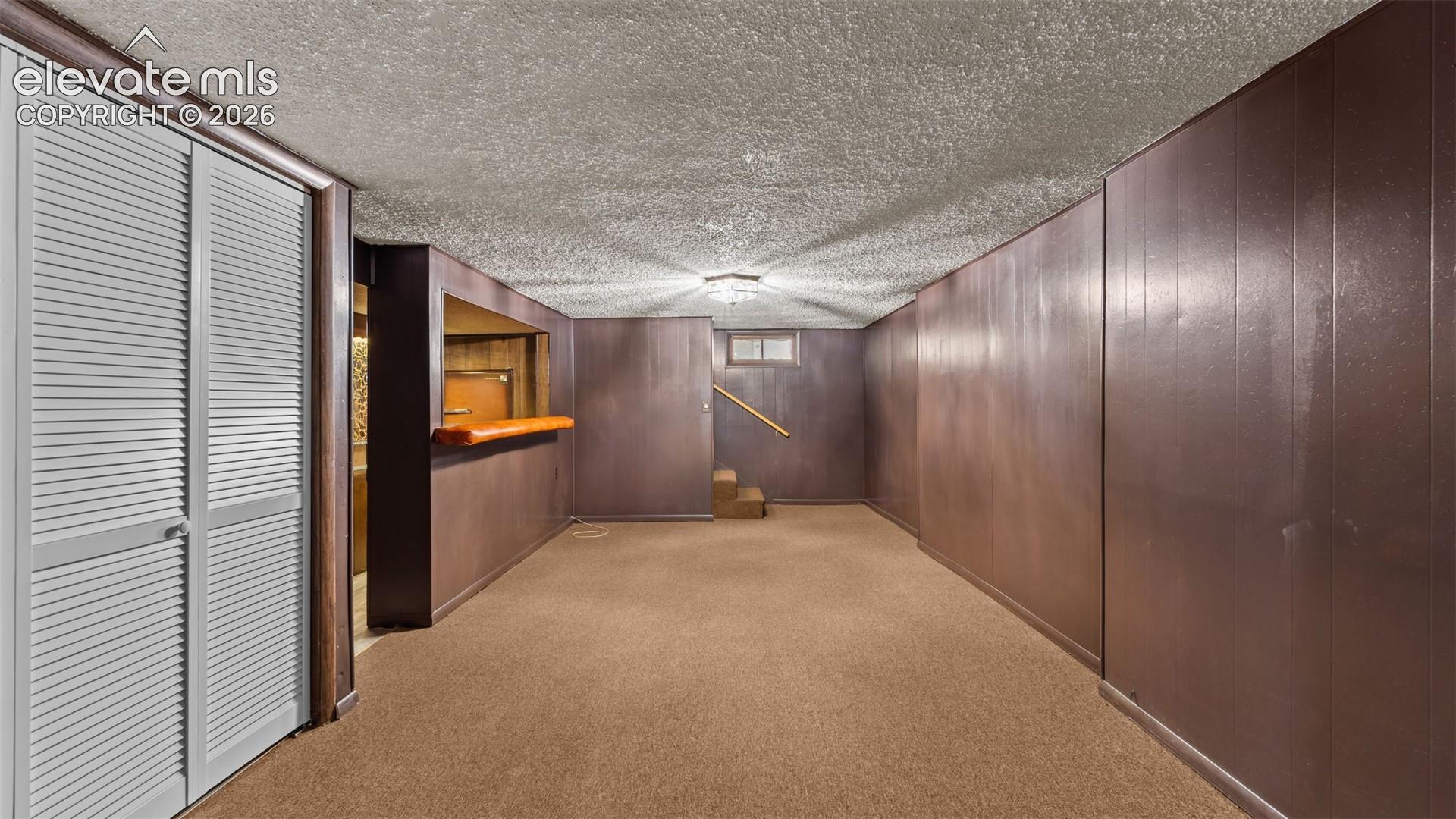Finished lower level with carpeted flooring, paneling, built-in bar area with countertop, and louvered closet doors