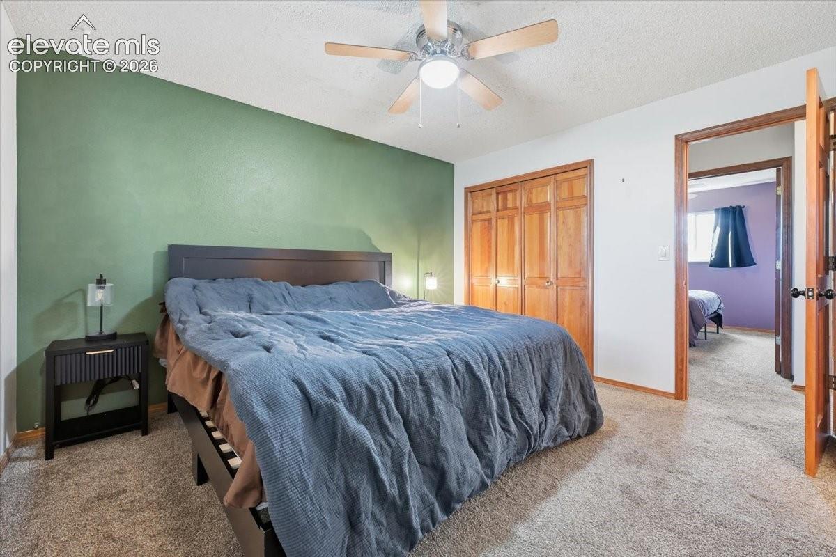 Carpeted bedroom featuring a ceiling fan with light, wood-finish bi-fold closet doors, and a decorative accent wall