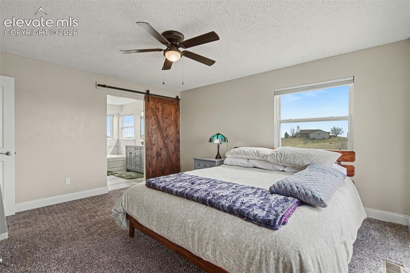 Neutral-toned bedroom featuring a sliding wood barn door, carpeted flooring, a ceiling fan with integrated lighting, and a single-hung window with a rural exterior backdrop