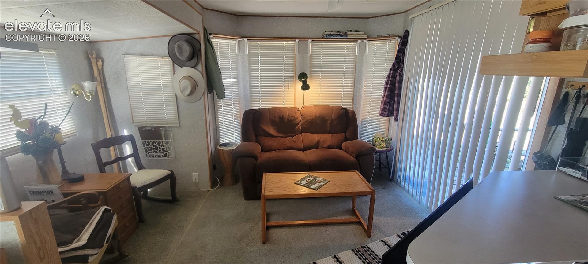 Bay window with blinds, carpeted flooring, and a wall-mounted light fixture