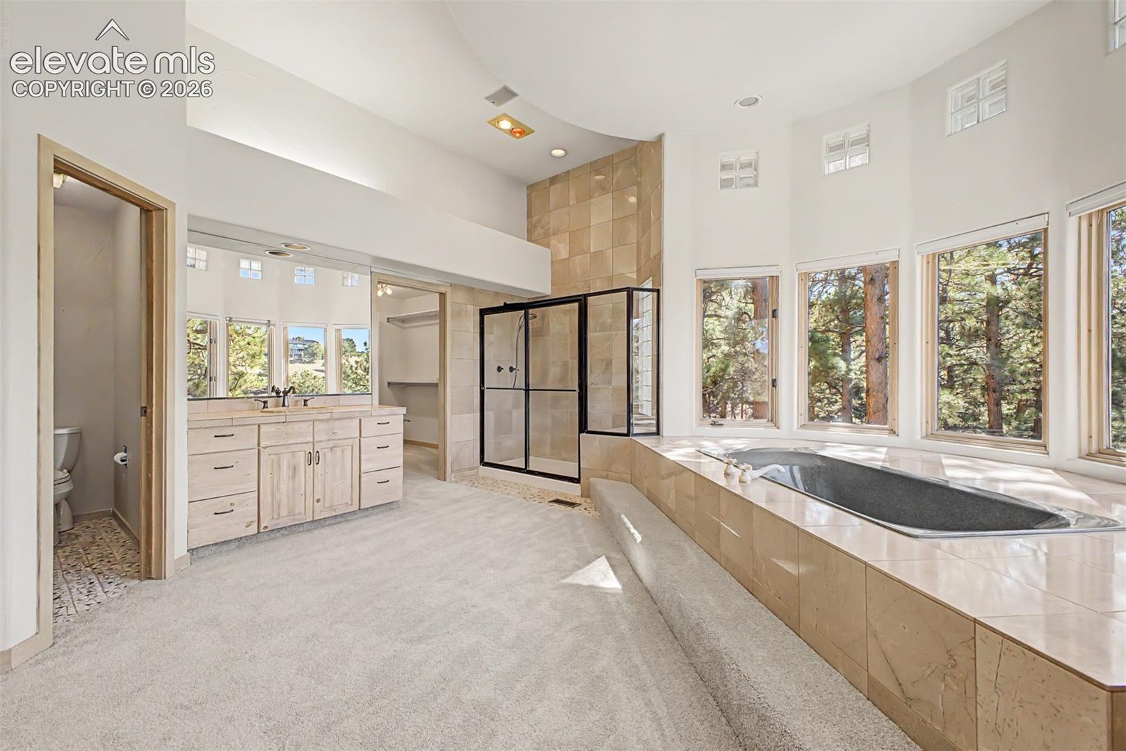 Spacious bathroom featuring a built-in soaking tub with surround tiling, a glass-enclosed shower, a dual vanity with light-tone cabinetry, and multiple large windows