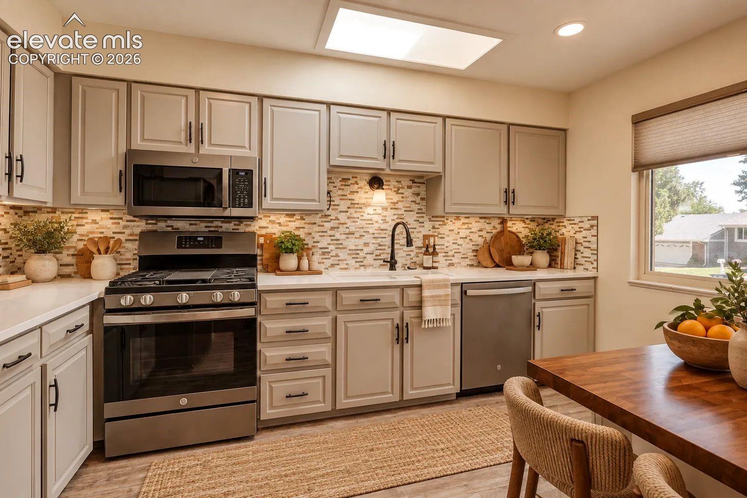 Kitchen featuring light-toned cabinetry, stainless steel appliances, a multi-textured tile backsplash, solid-surface countertops, and a recessed ceiling light. AI-Enhanced – furniture/decor digitally added