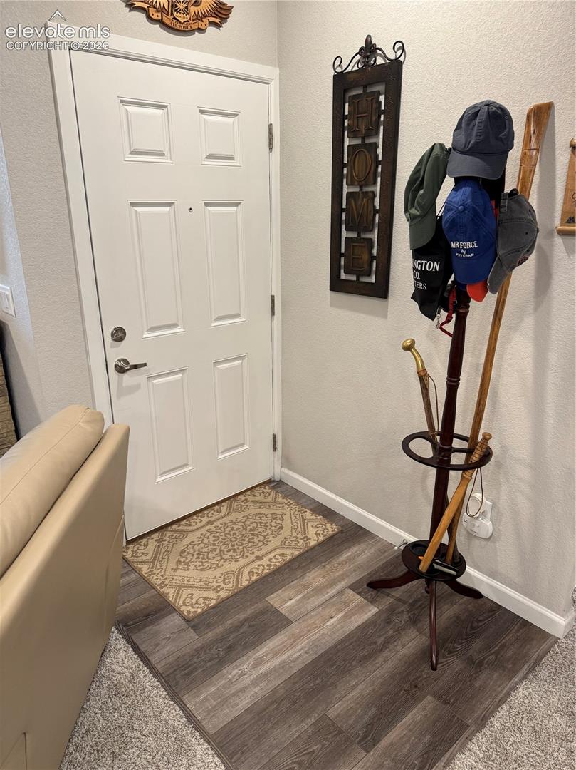 Entryway featuring a white paneled door with brushed nickel hardware and wood-finish flooring