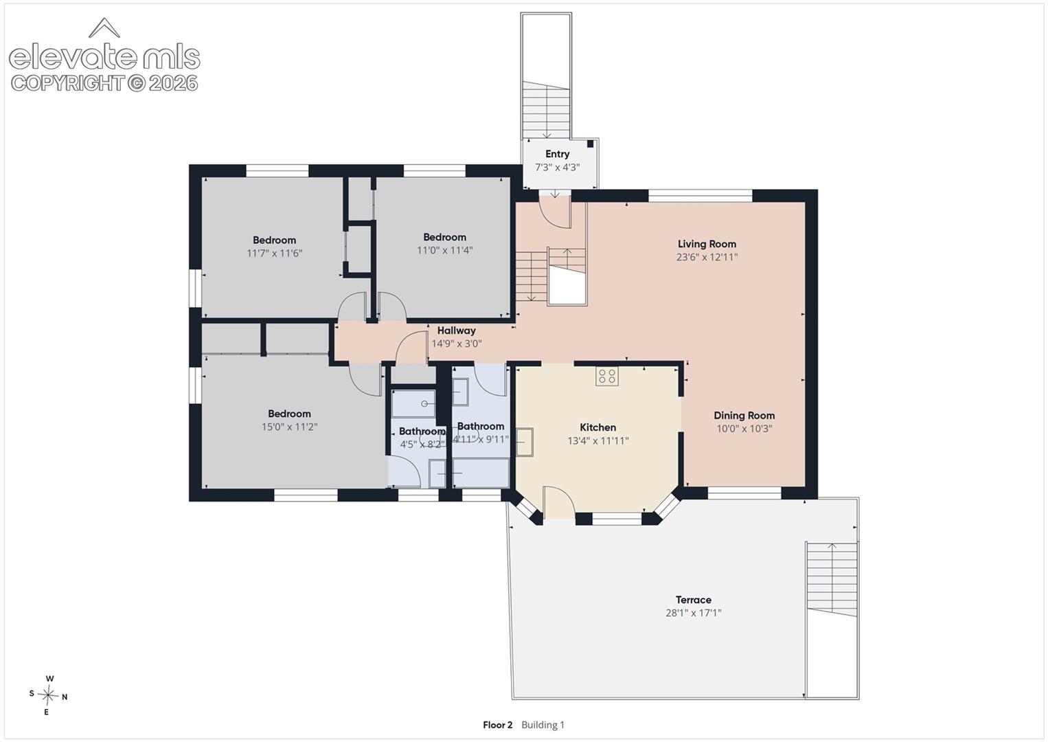 Main level floor plan showcasing an inviting living room, formal dining room, eat-in kitchen with access to the expansive deck, three bedrooms, and two bathrooms, offering a functional layout for everyday living and entertaining.