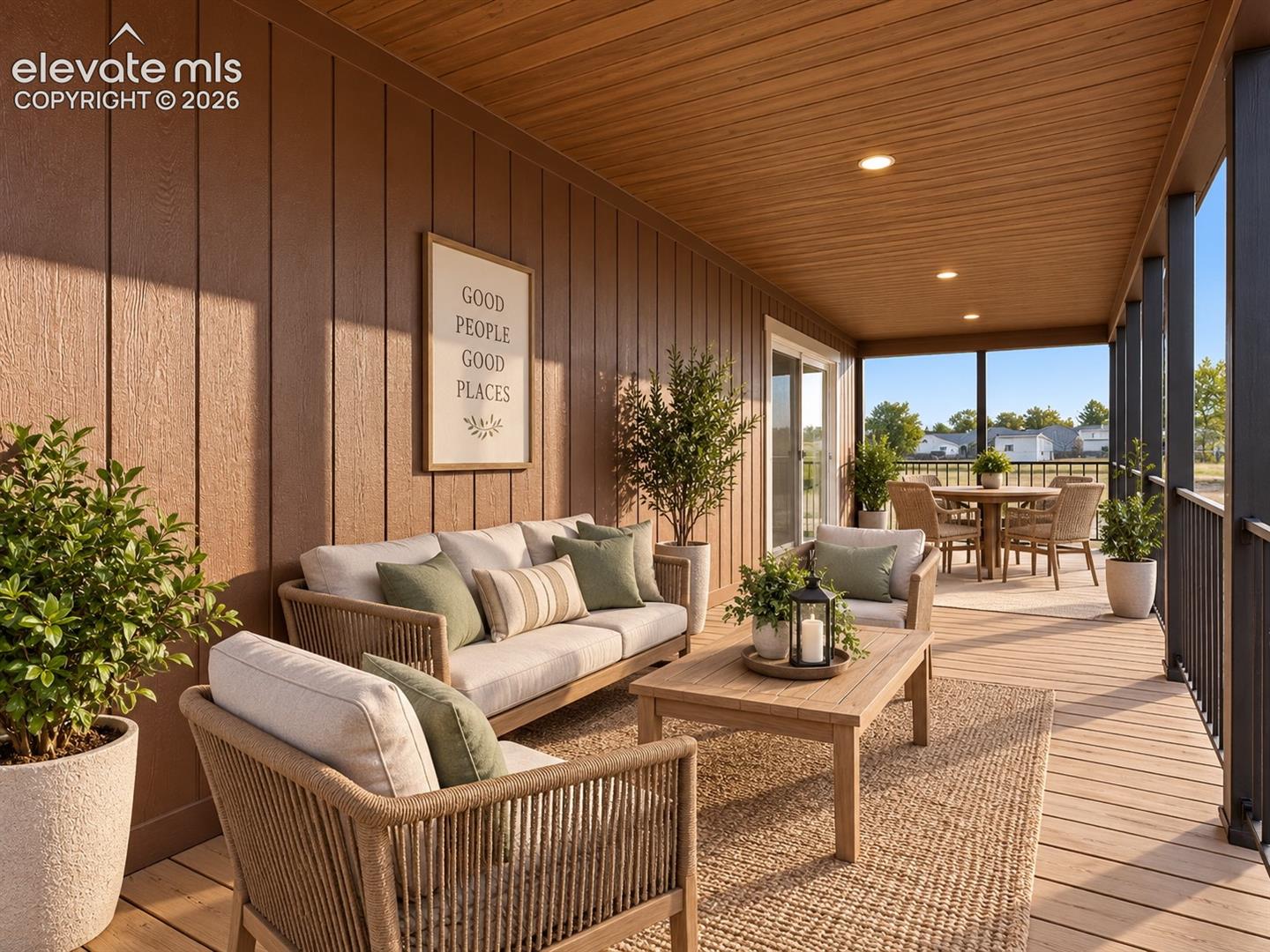 Covered Porch – A warm wood-look ceiling and generous covered footprint create an inviting outdoor living area with separate spaces for lounging and dining.