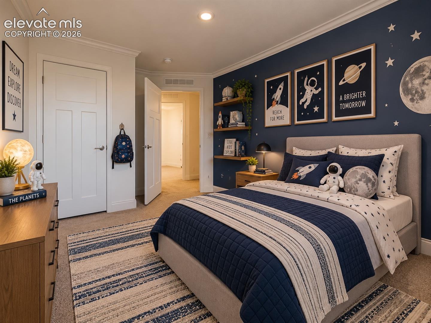 Bedroom – Another angle showcases the room's closet, clean neutral finishes, and contrasting accent wall.