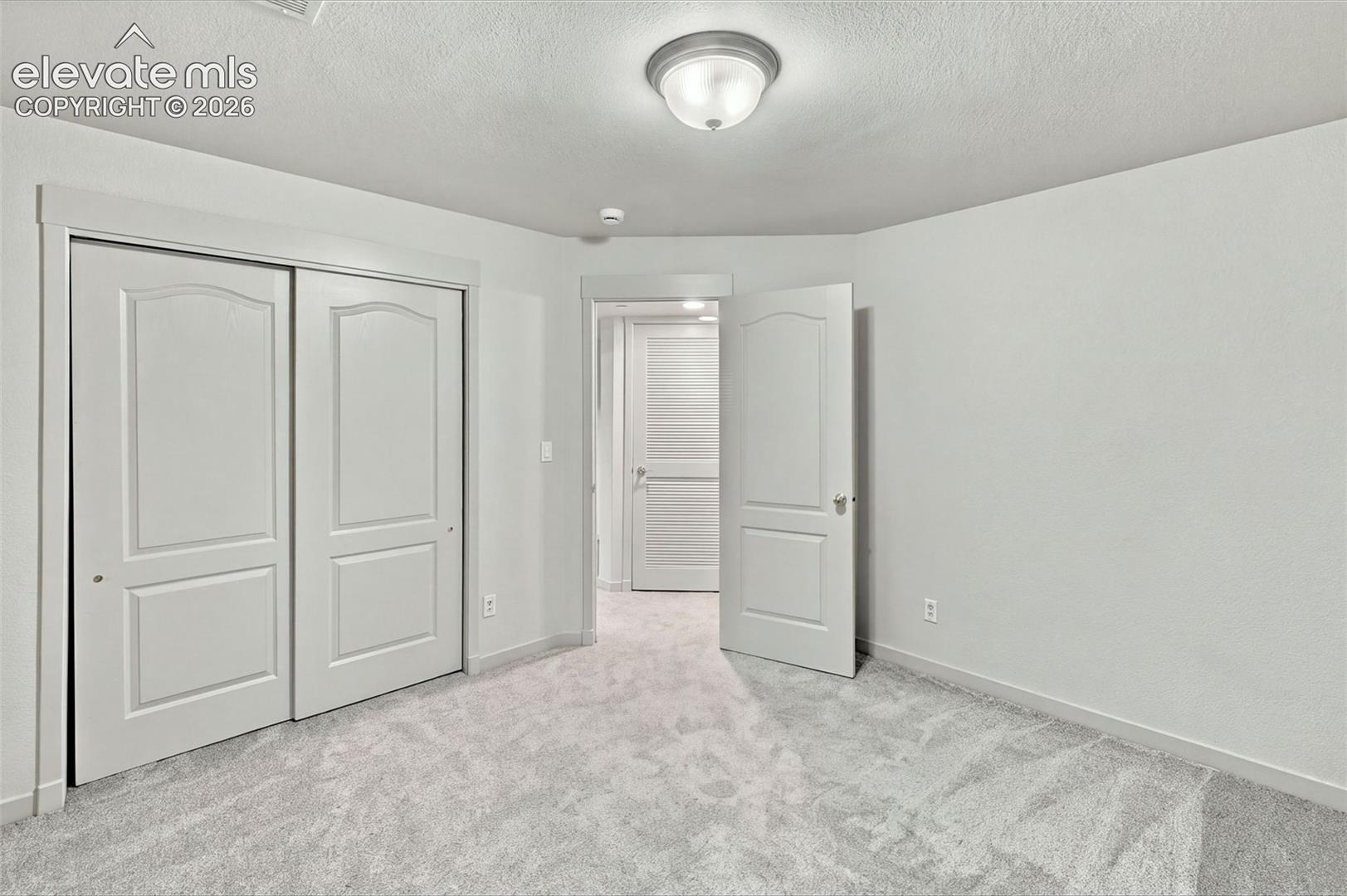 Neutral-toned carpeted flooring, two-panel interior doors, sliding closet doors, and a flush-mount ceiling light fixture