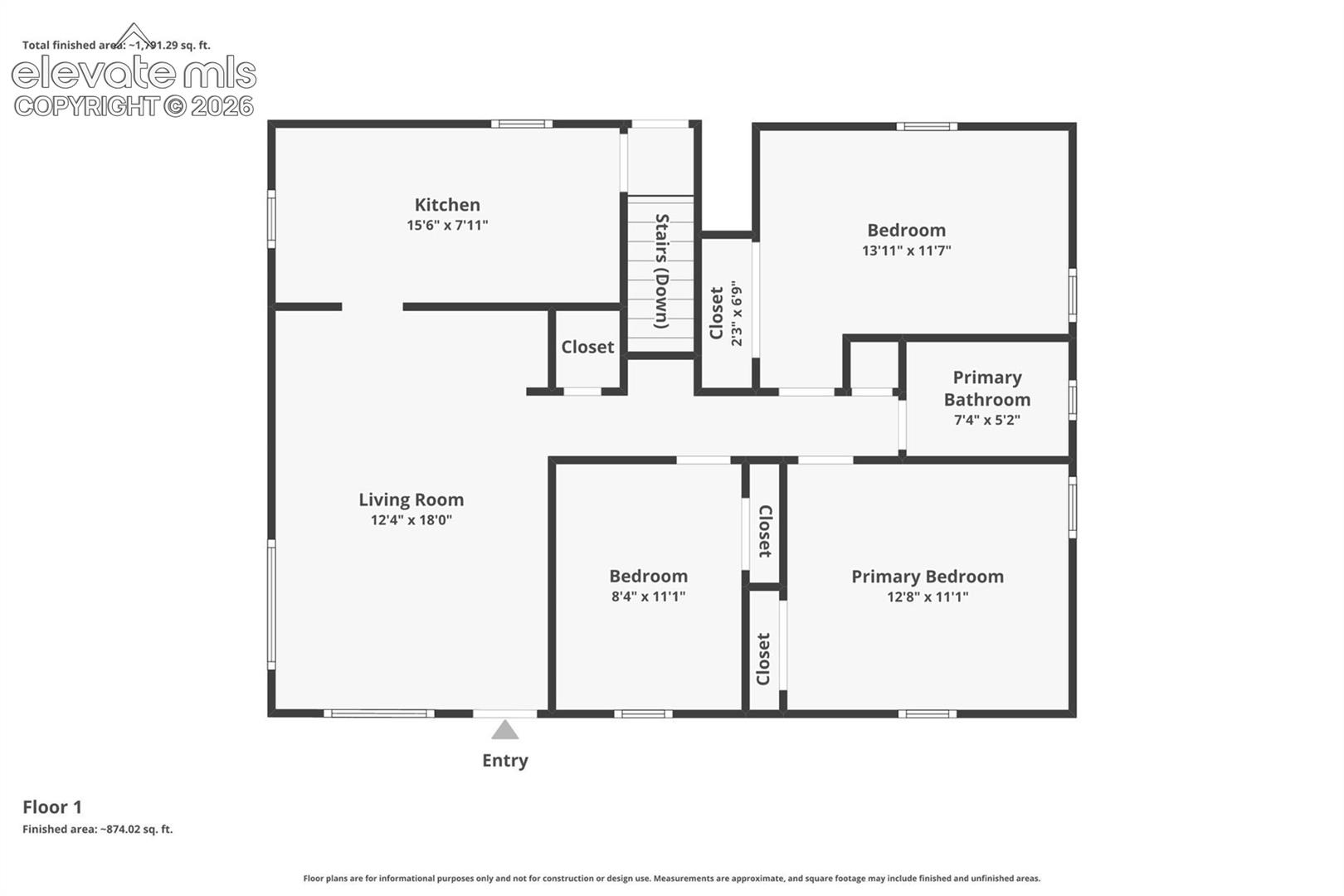 Floor plan. Floor plans are for informational purposes only. Dimensions & measurements are approximate. Not intended for construction or design use.
