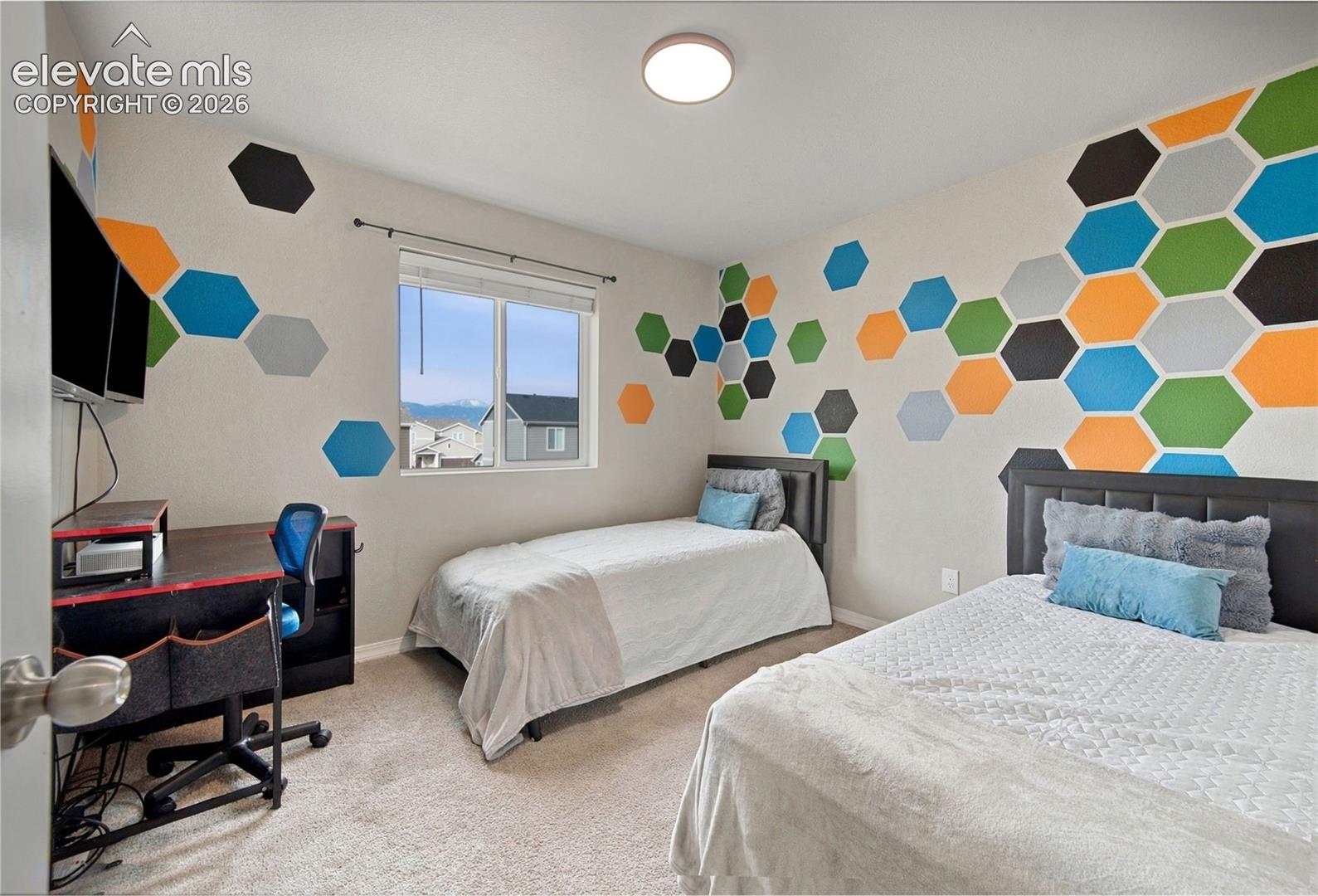 Neutral-toned carpeting, window providing natural light, and ceiling-mounted light fixture