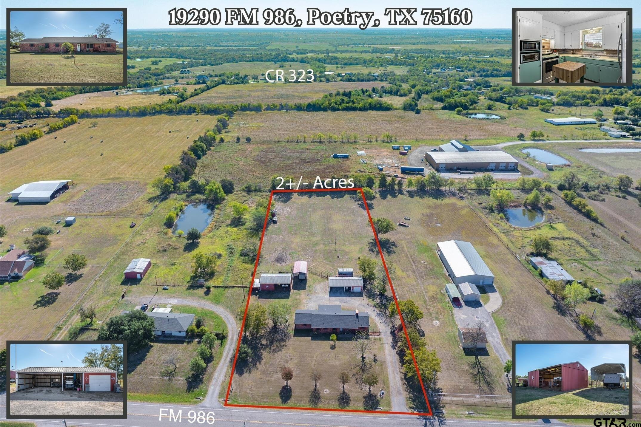 Two-acre rural property with a house and outbuildings, outlined beside FM 986 in Poetry, Texas.