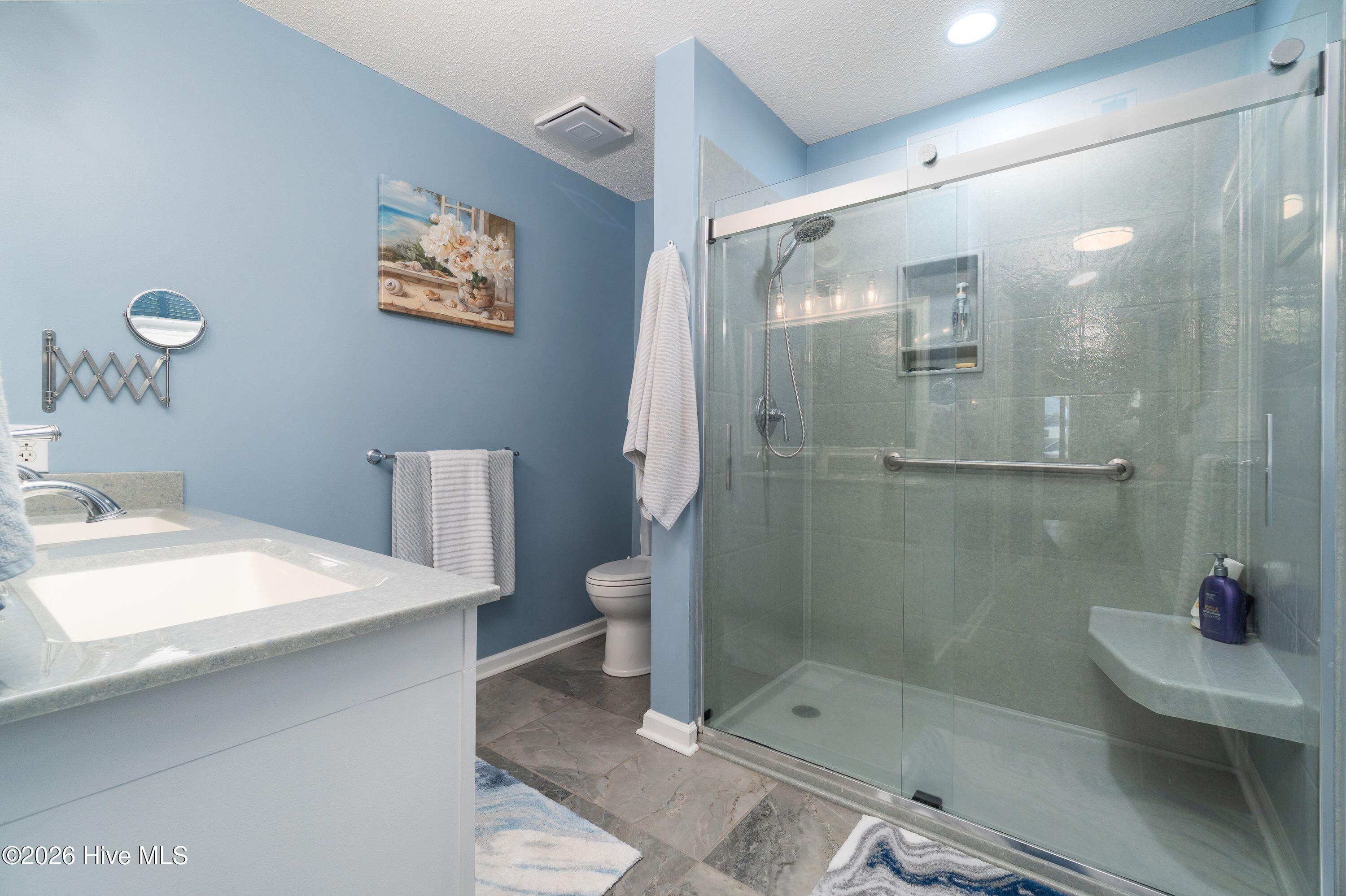 updated Master bath with new shower and sink and floor and paint !