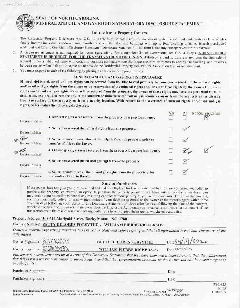 Mineral, Oil & Gas Rights Disclosure