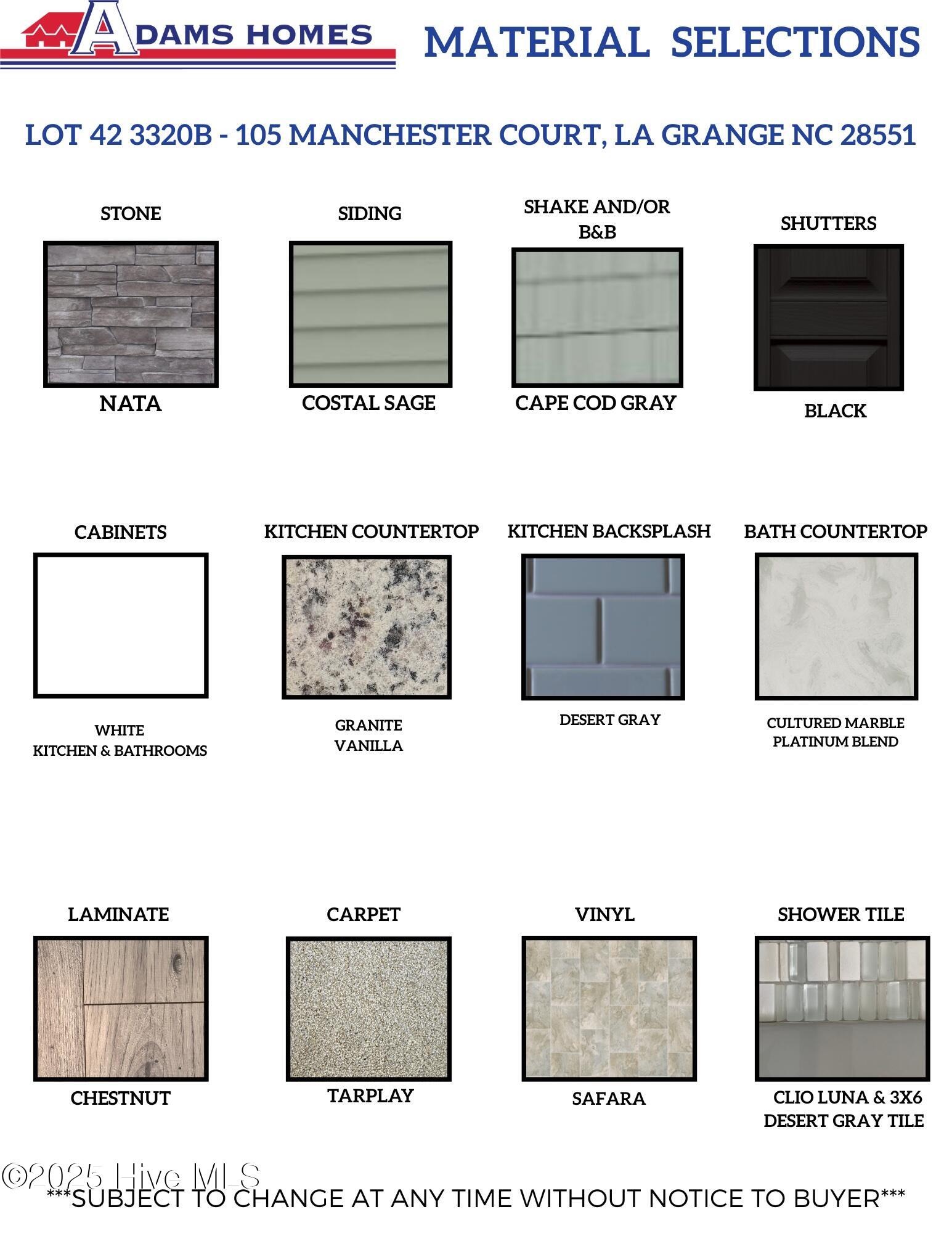 LOT 42 MATERIALS SELECTIONS