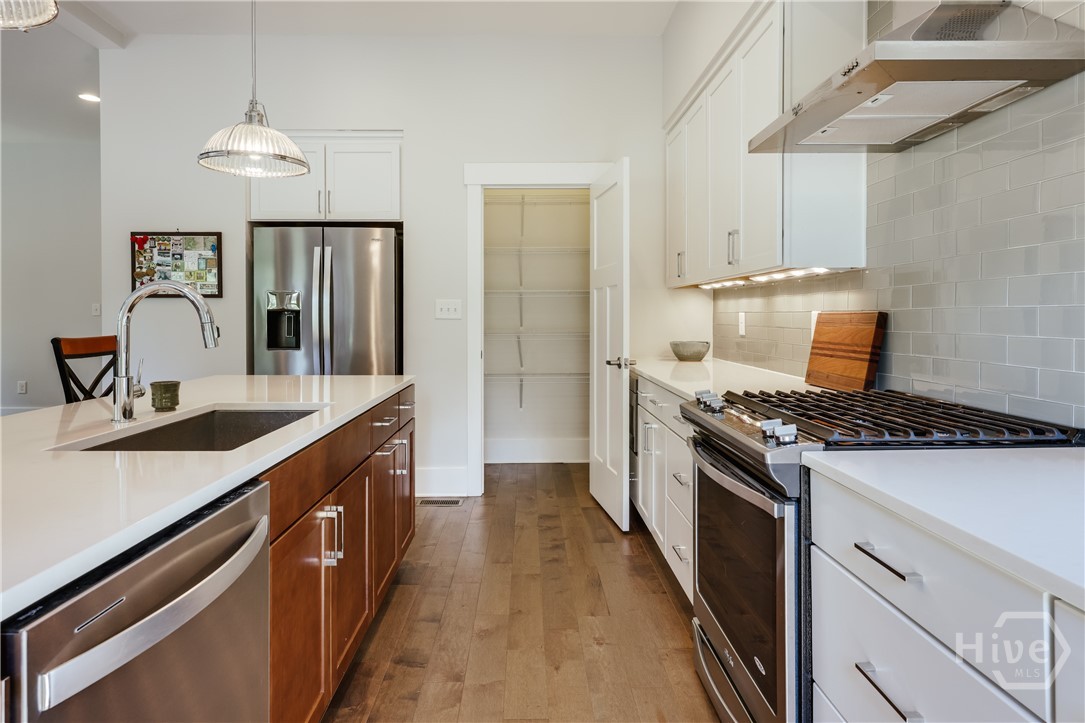 gas range, pantry, stainless appliances