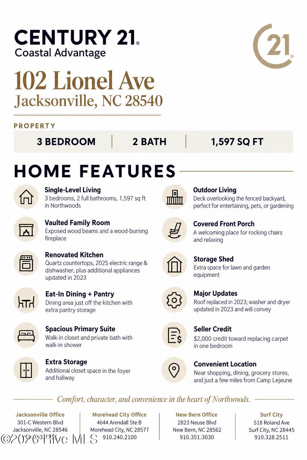 Photo 2 of Single family home for sale at 102 Lionel Ave, Jacksonville, NC 28540 | MLS# 100600838 | Listing updated on 2026-10-09