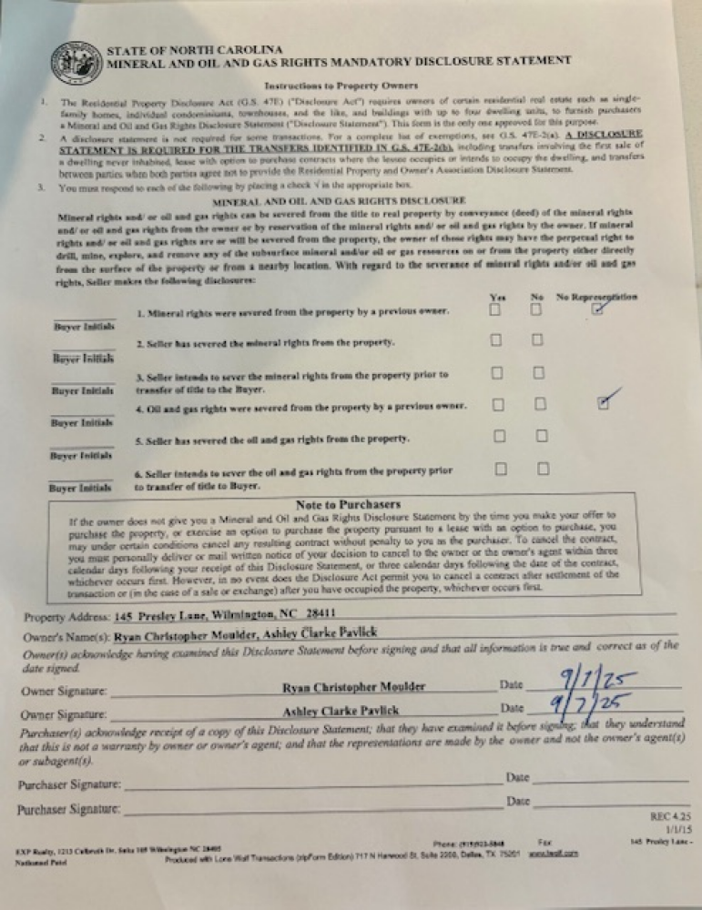 Mineral, Oil & Gas Rights Disclosure