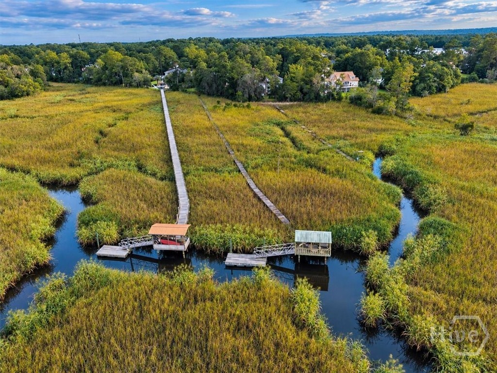 Drone view from dock to house.