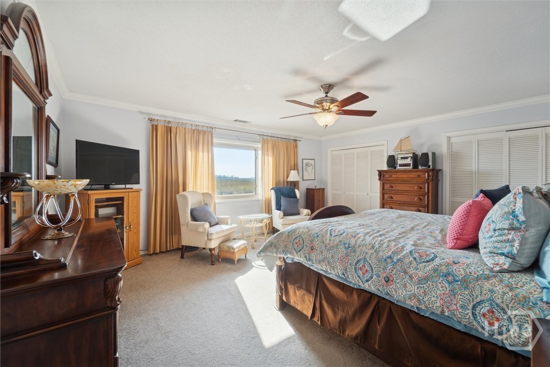 The upstairs primary bedroom is huge and overlooks the Hoover Creek.  Wake up to the dolphins feeding and the herons walking the dock.