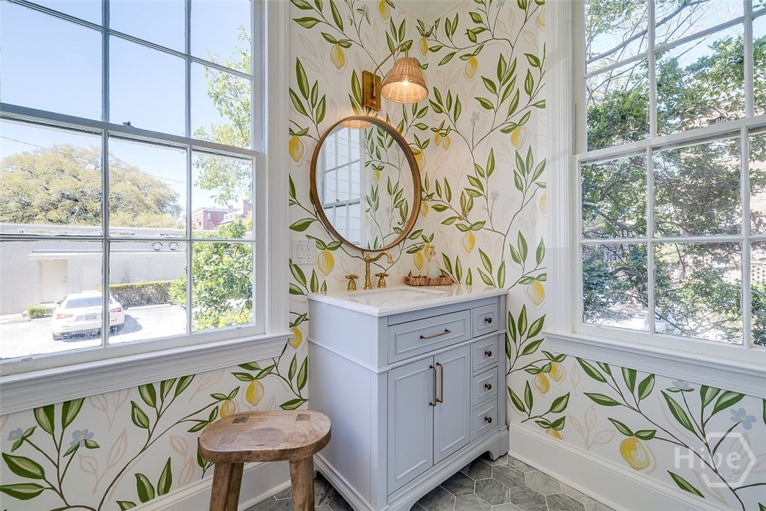 Half bath with hand painted mural by Julia McGahee