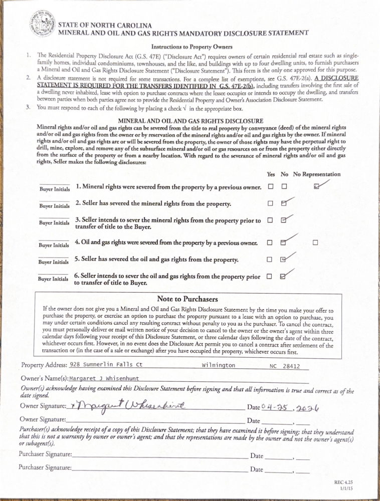 Mineral, Oil & Gas Rights Disclosure