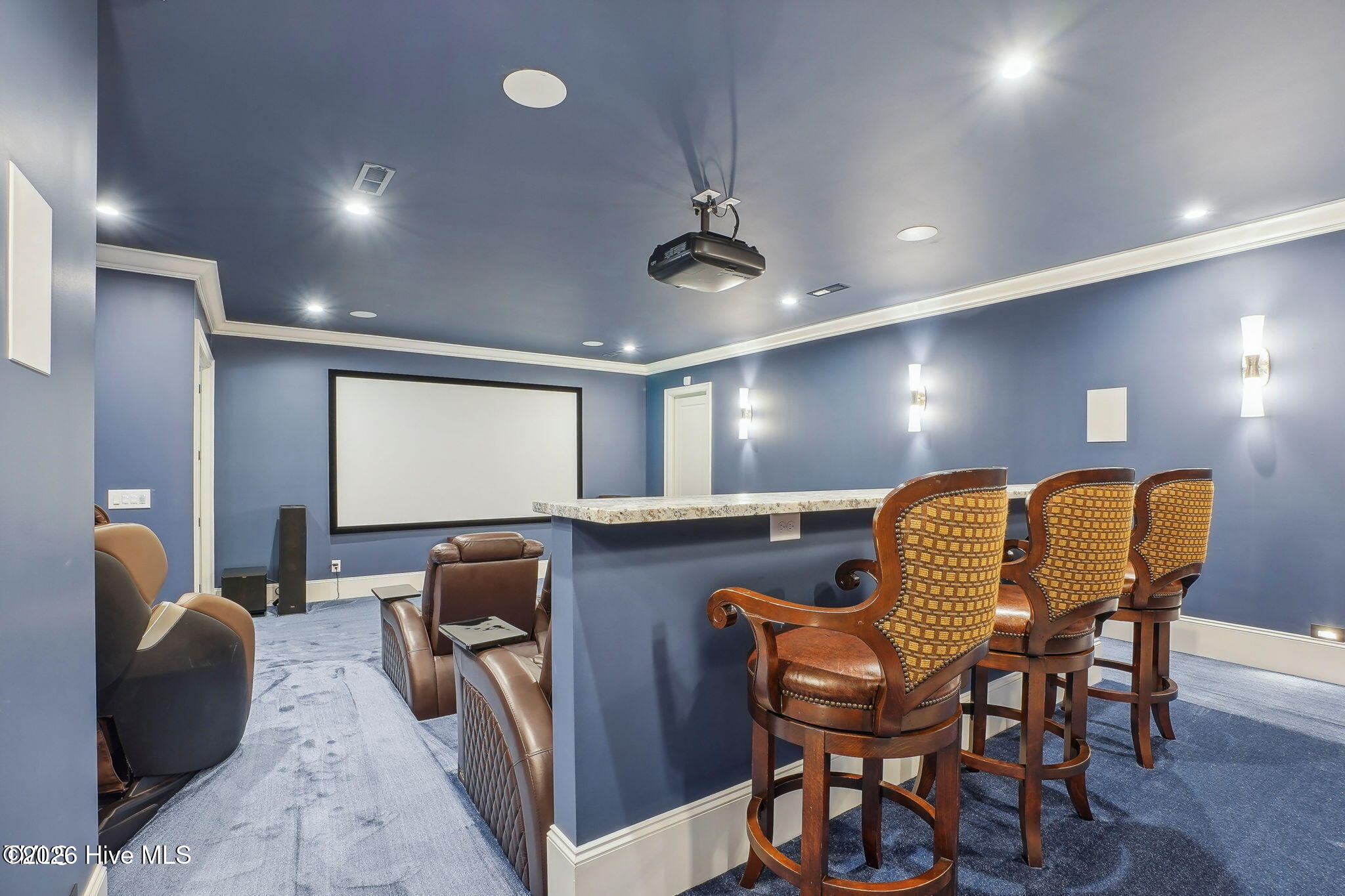 Multi-tier theater room with surround sound.
