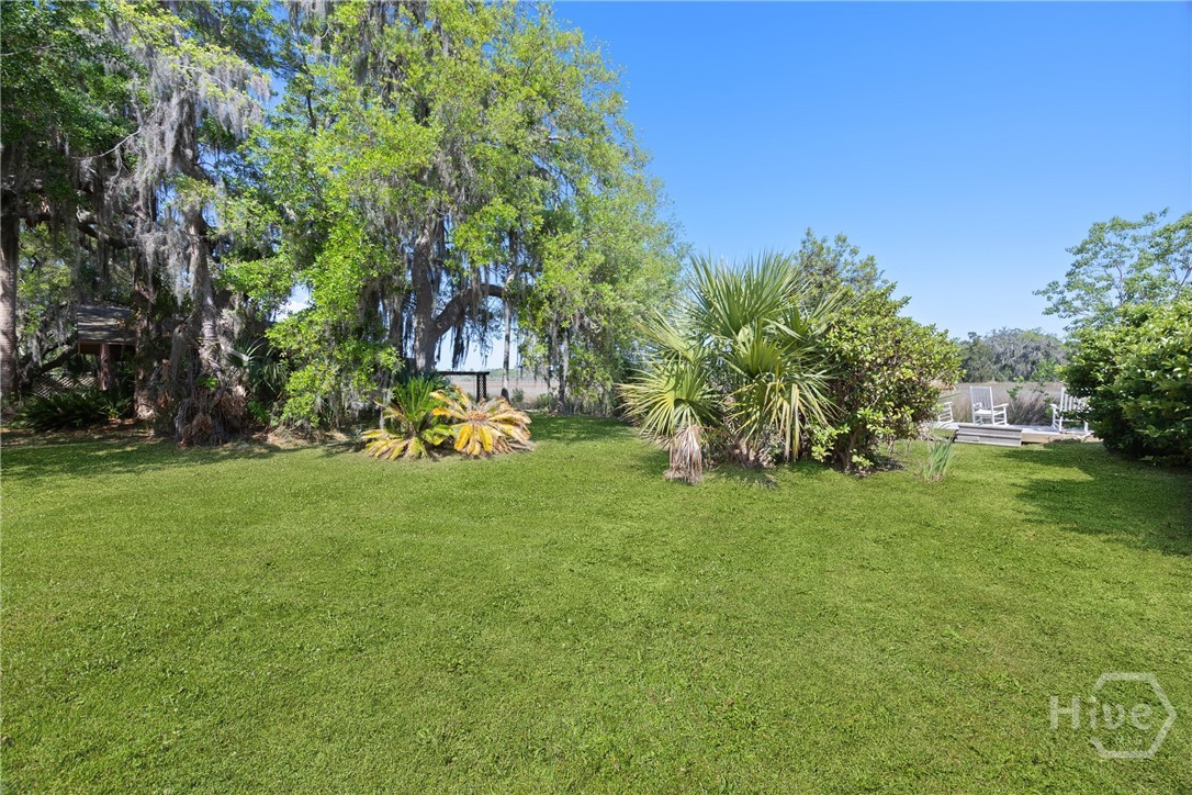 Lush backyard with mature trees and a private, ser
