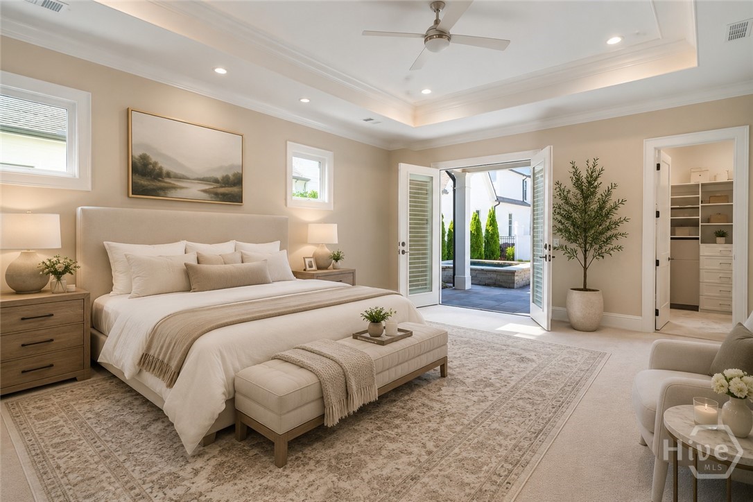 Primary bedroom with access to pool - Image is virtually staged and AI generated