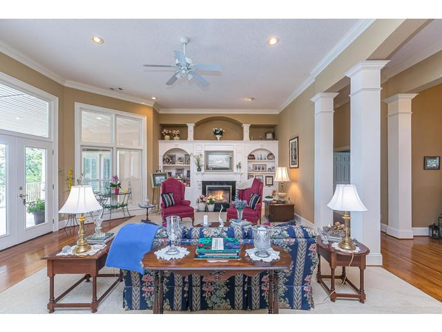 Living room with built-ins, fireplace