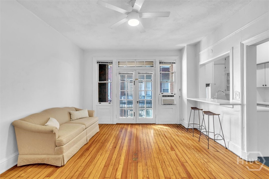 Living room with french doors to balcony