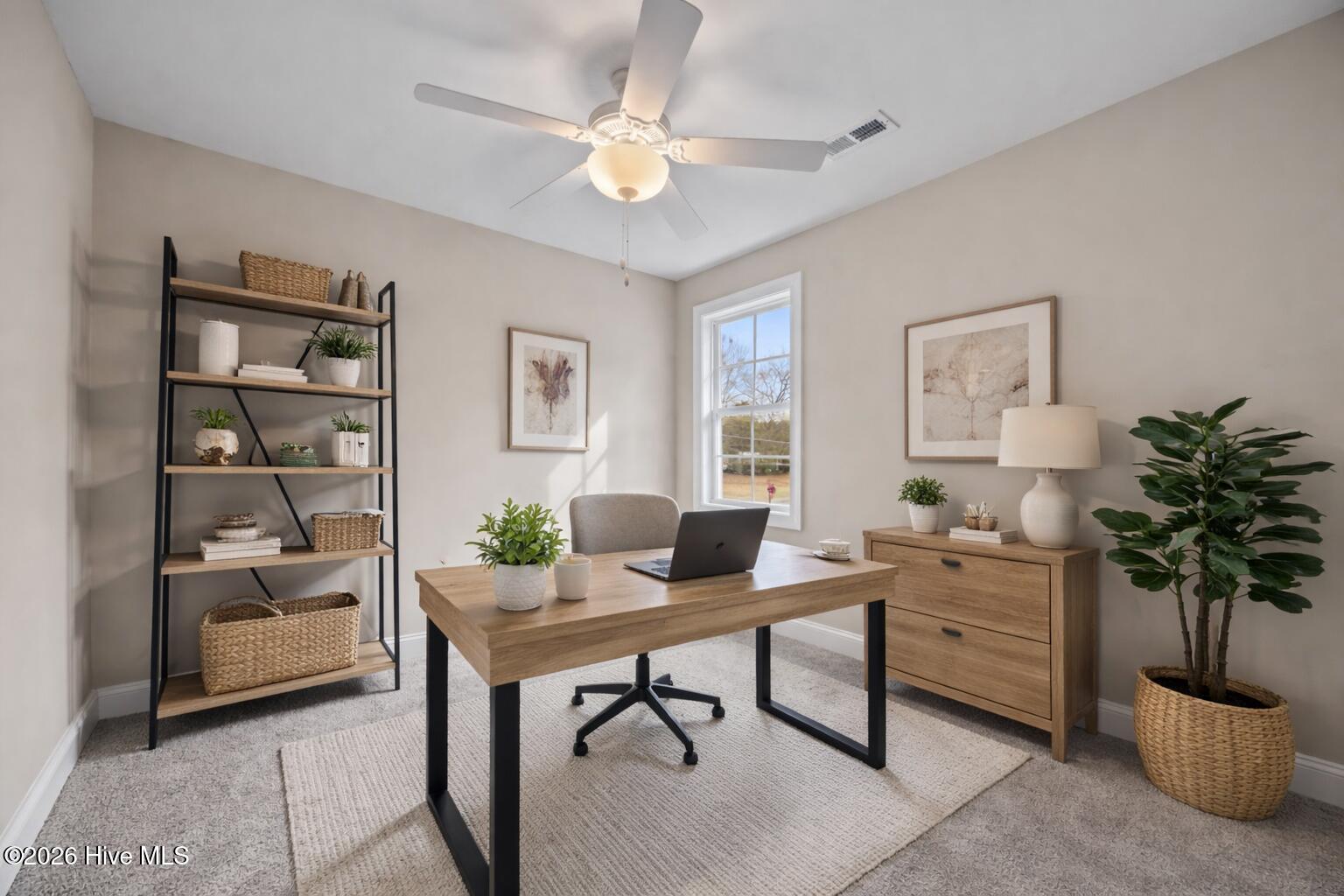 bedroom staged as an office