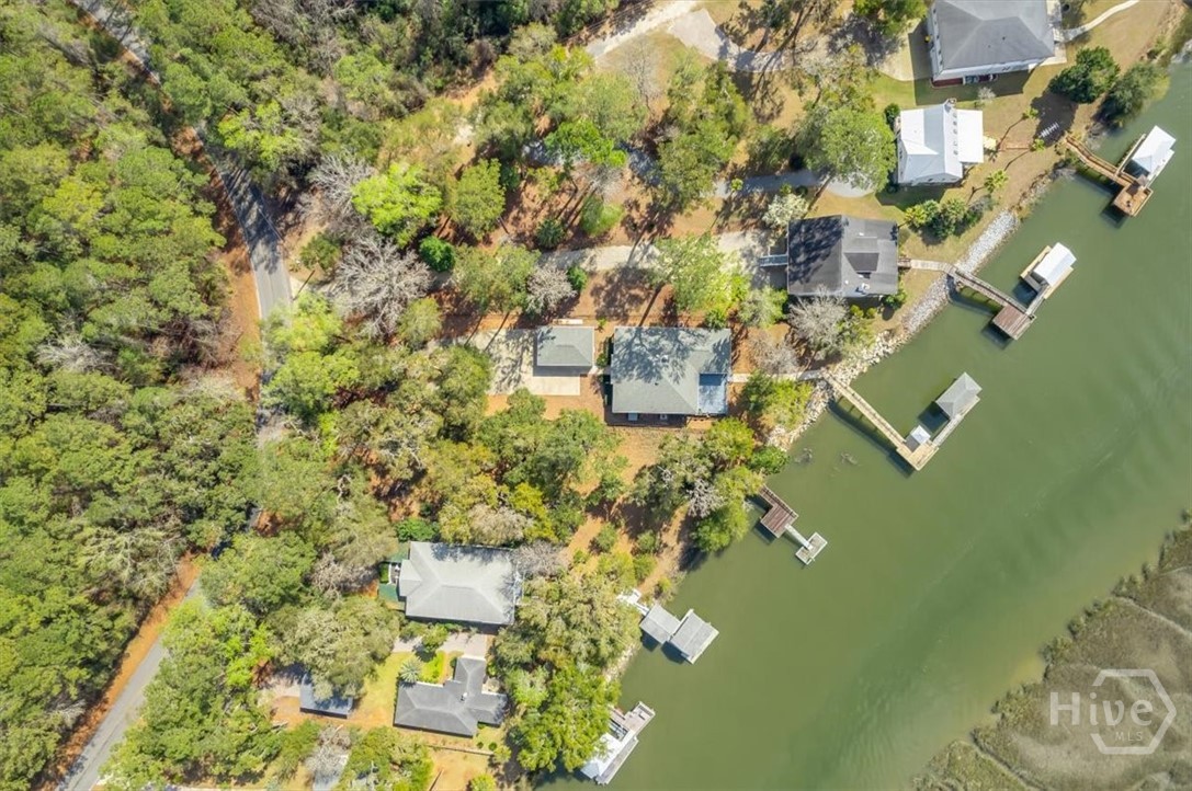 Aerial View of House, Carport and Dock