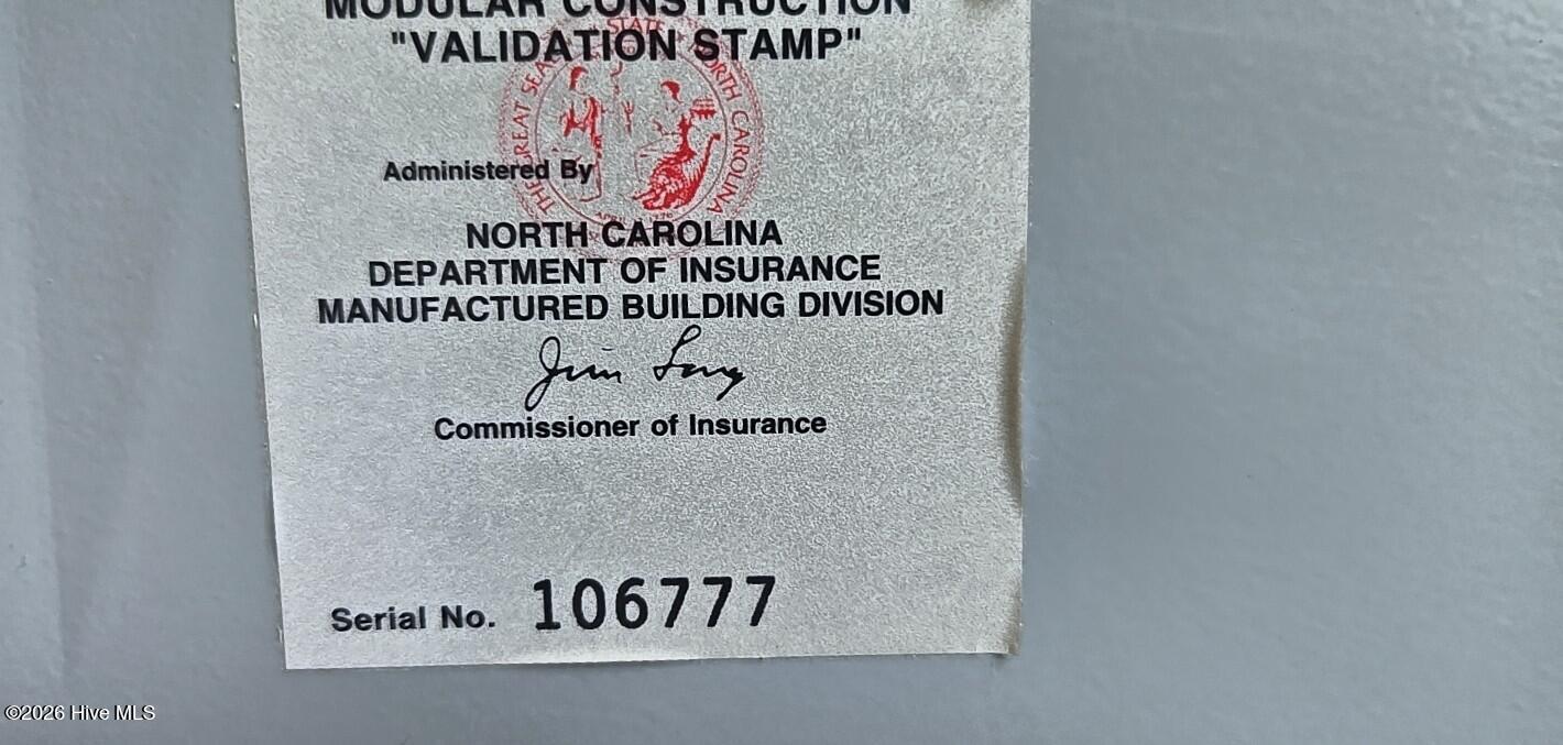 NC Modular Home Validation Stamp Serial No. 106777