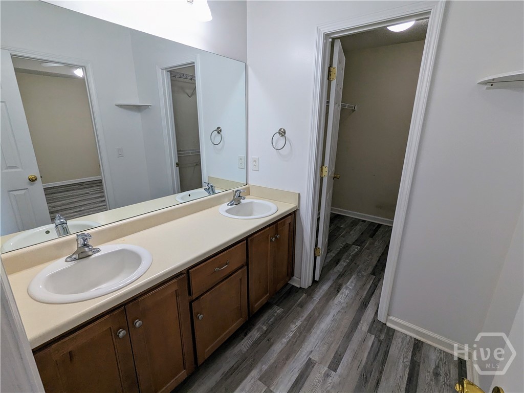 Vanity in master bath.  Walk-in closet to the right.