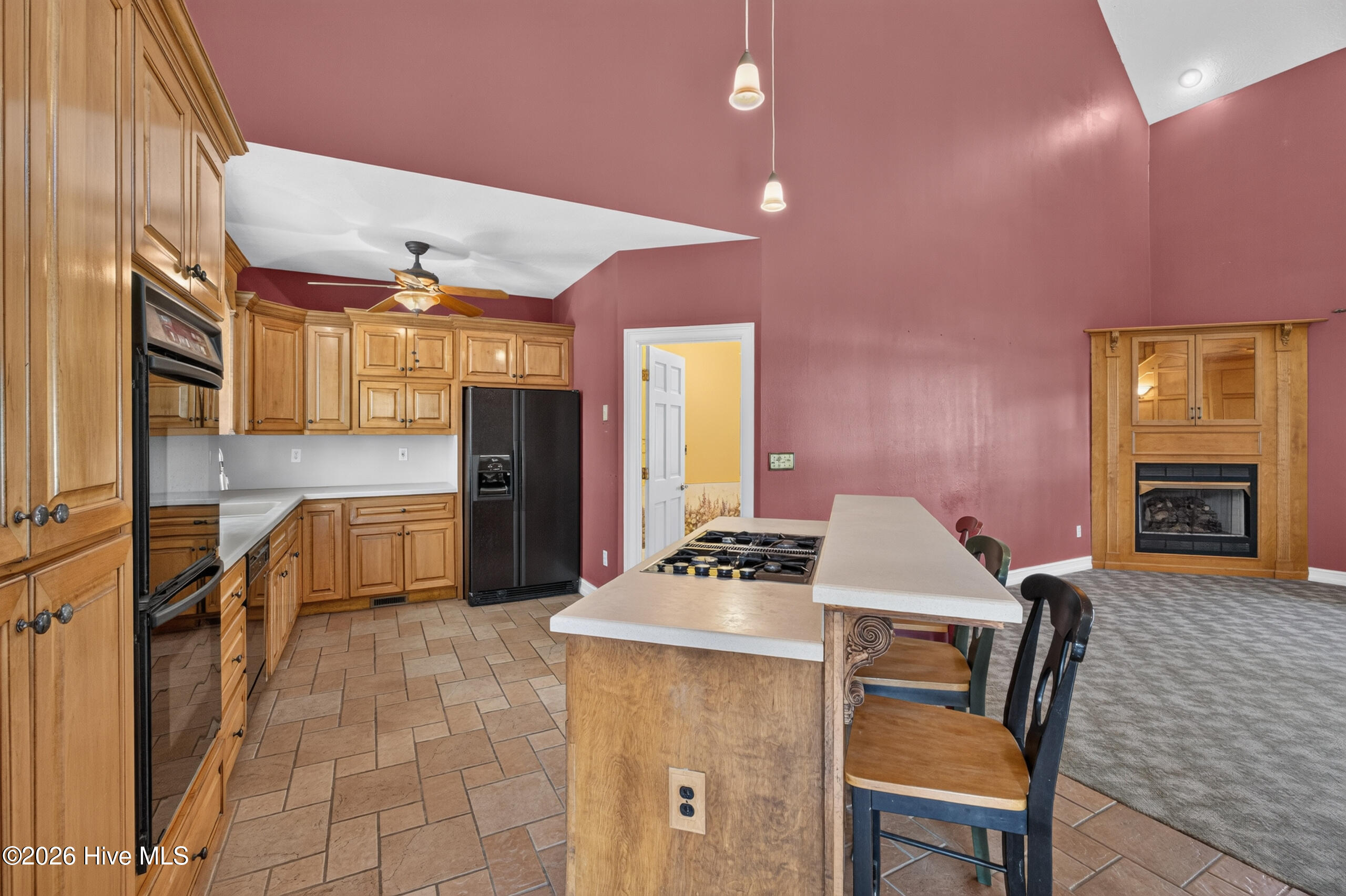 Kitchen island features gas cooktop & raised bar for extra seating