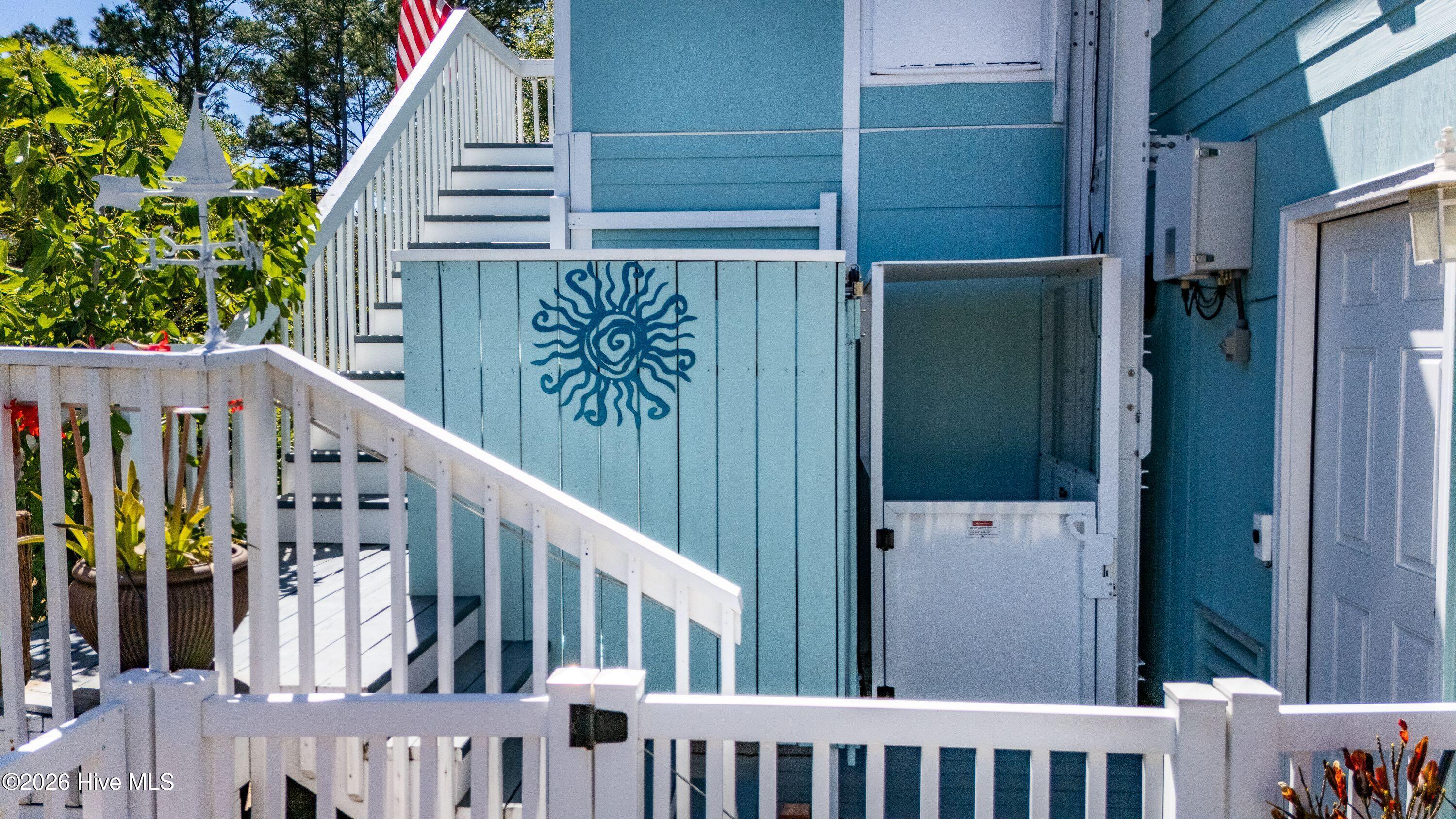 Outdoor shower and elevator and shower has hot and cold water!