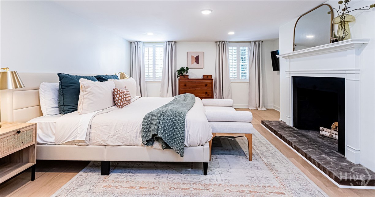 Garden primary bedroom with king bed
