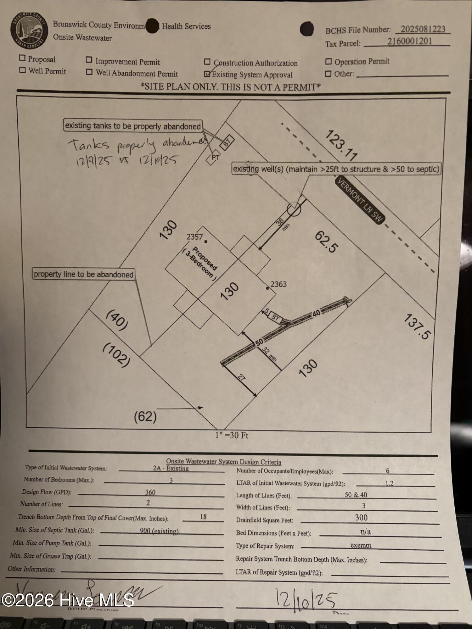 site plan for use of the current septic system for a 3 bedroom home with improvements shown for future owner install