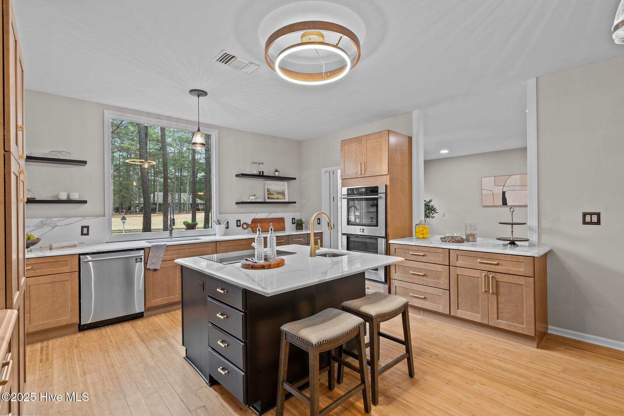 Open to the dining room, with extended counters