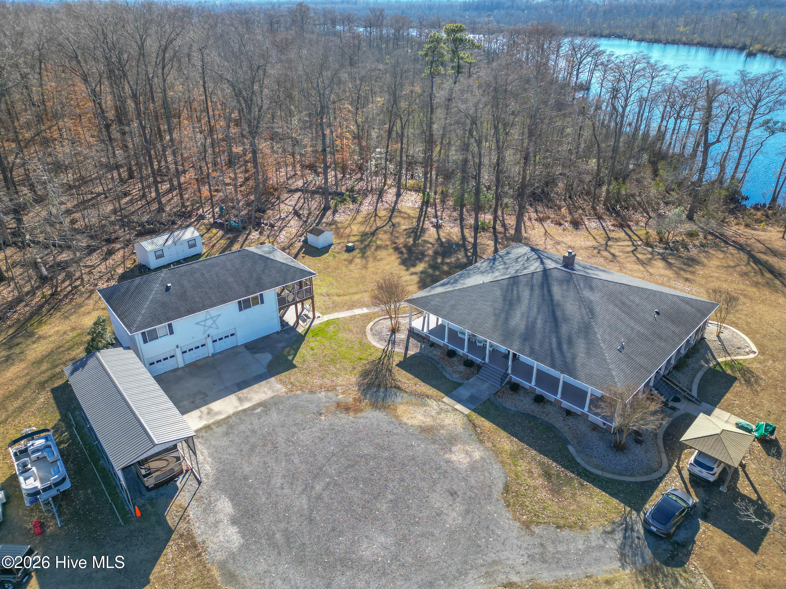 Aerial of 3 Car detached garage, Main house, RV Pole barn