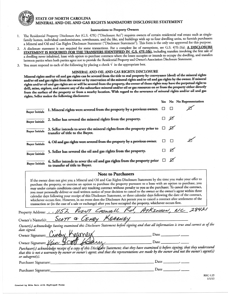 Mineral, Oil & Gas Rights Disclosure