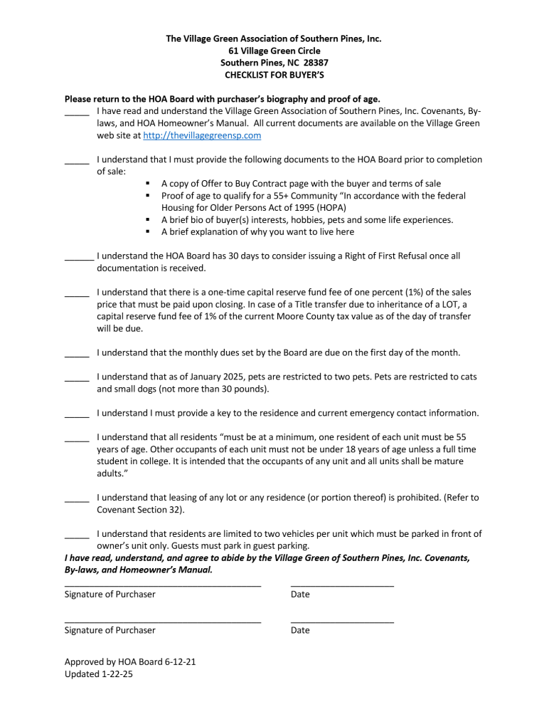 CHECKLIST FOR BUYERS